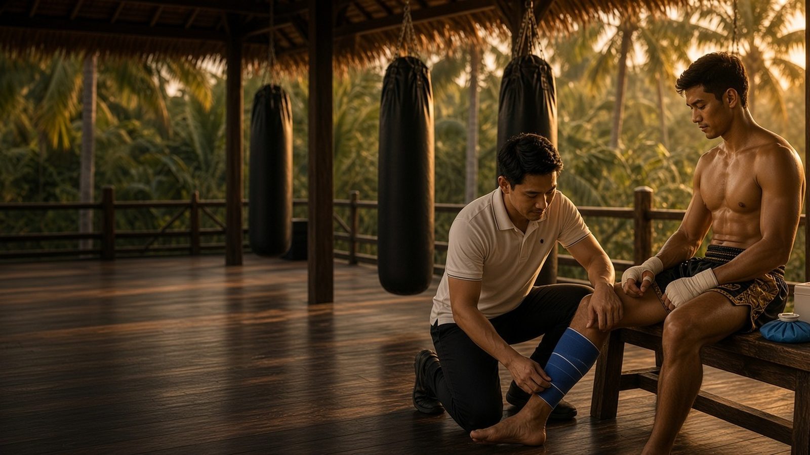 Late light at an open training sala in Khao Lak, with heavy bags and a trainer checking a student's knee